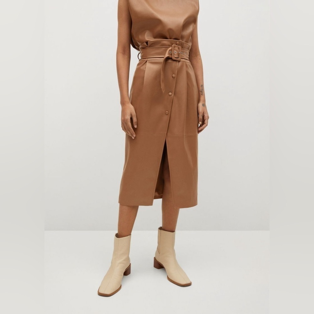 MNG Mango Faux Leather Midi High Waisted Belt Skirt Buttons Brown Size XS